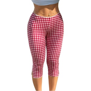 image:imageRoseSeek Womens Gingham Split Leggings Lace Low Rise Elastic Waist Skinny Capri PantsRed and White