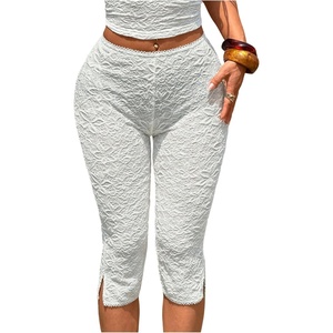 image:imageRoseSeek Womens Gingham Split Leggings Lace Low Rise Elastic Waist Skinny Capri PantsWhite