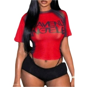 image:imageRoseSeek Womens Graphic Print Sheer Mesh Crop Tees Short Sleeve Crew Neck TShirts Going Out TopsDark Red