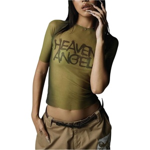 image:imageRoseSeek Womens Graphic Print Sheer Mesh Crop Tees Short Sleeve Crew Neck TShirts Going Out TopsGreen