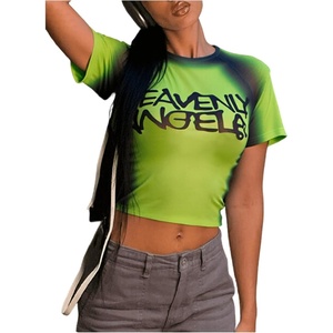 image:imageRoseSeek Womens Graphic Print Sheer Mesh Crop Tees Short Sleeve Crew Neck TShirts Going Out TopsLime Green