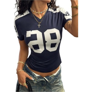 image:imageRoseSeek Womens Jersey Shirts V Neck Short Sleeve Graphic Tees Number Color Block Fitted Sports Crop TopsDeep Blue