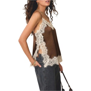 image:imageRoseSeek Womens Lace Trim Patchwork Cami Top V Neck Sleeveless Tops with Side Slit Elegant TopsCoffee Brown
