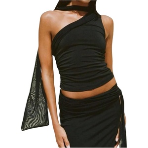image:imageRoseSeek Womens Leopard Polka Dots Halter One Shoulder Tops Asymmetrical Slim Fit Cropped Y2K Going Out TopsBlack
