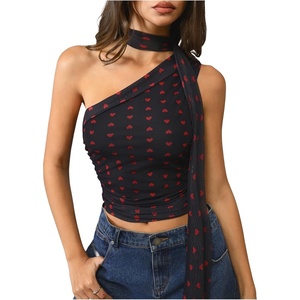 image:imageRoseSeek Womens Leopard Polka Dots Halter One Shoulder Tops Asymmetrical Slim Fit Cropped Y2K Going Out TopsBlack Heart