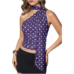 image:imageRoseSeek Womens Leopard Polka Dots Halter One Shoulder Tops Asymmetrical Slim Fit Cropped Y2K Going Out TopsBlue Dots