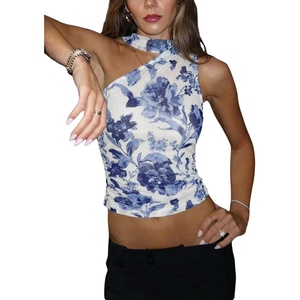 image:imageRoseSeek Womens Leopard Polka Dots Halter One Shoulder Tops Asymmetrical Slim Fit Cropped Y2K Going Out TopsBlue and White