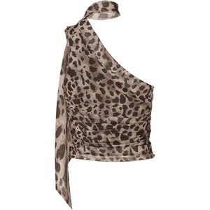 image:imageRoseSeek Womens Leopard Polka Dots Halter One Shoulder Tops Asymmetrical Slim Fit Cropped Y2K Going Out TopsBrown