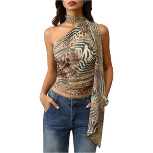 image:imageRoseSeek Womens Leopard Polka Dots Halter One Shoulder Tops Asymmetrical Slim Fit Cropped Y2K Going Out TopsBrown Cheetah