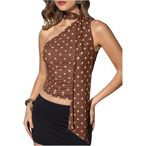 image:imageRoseSeek Womens Leopard Polka Dots Halter One Shoulder Tops Asymmetrical Slim Fit Cropped Y2K Going Out TopsBrown Dots