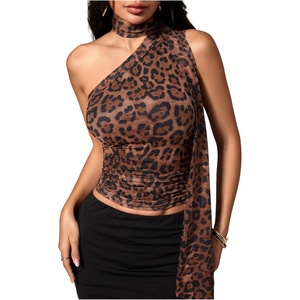 image:imageRoseSeek Womens Leopard Polka Dots Halter One Shoulder Tops Asymmetrical Slim Fit Cropped Y2K Going Out TopsBrown Leopard