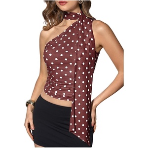 image:imageRoseSeek Womens Leopard Polka Dots Halter One Shoulder Tops Asymmetrical Slim Fit Cropped Y2K Going Out TopsCoffee Brown Dots