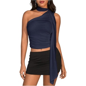 image:imageRoseSeek Womens Leopard Polka Dots Halter One Shoulder Tops Asymmetrical Slim Fit Cropped Y2K Going Out TopsDeep Blue