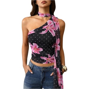 image:imageRoseSeek Womens Leopard Polka Dots Halter One Shoulder Tops Asymmetrical Slim Fit Cropped Y2K Going Out TopsFloral Dots