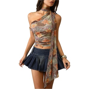 image:imageRoseSeek Womens Leopard Polka Dots Halter One Shoulder Tops Asymmetrical Slim Fit Cropped Y2K Going Out TopsFloral Leopard