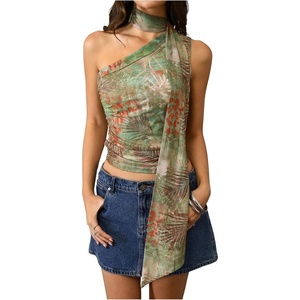 image:imageRoseSeek Womens Leopard Polka Dots Halter One Shoulder Tops Asymmetrical Slim Fit Cropped Y2K Going Out TopsGreen Print