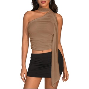 image:imageRoseSeek Womens Leopard Polka Dots Halter One Shoulder Tops Asymmetrical Slim Fit Cropped Y2K Going Out TopsKhaki