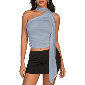 image:imageRoseSeek Womens Leopard Polka Dots Halter One Shoulder Tops Asymmetrical Slim Fit Cropped Y2K Going Out TopsLight Blue