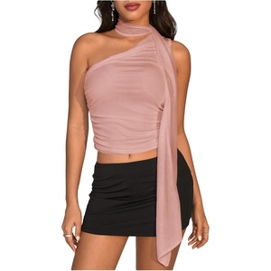 image:imageRoseSeek Womens Leopard Polka Dots Halter One Shoulder Tops Asymmetrical Slim Fit Cropped Y2K Going Out TopsLight Pink