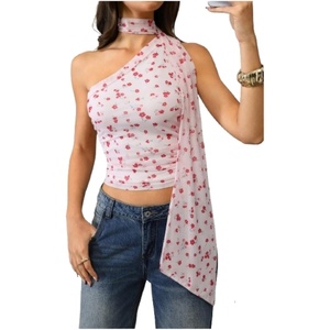 image:imageRoseSeek Womens Leopard Polka Dots Halter One Shoulder Tops Asymmetrical Slim Fit Cropped Y2K Going Out TopsPink Flower