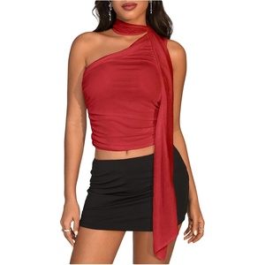 image:imageRoseSeek Womens Leopard Polka Dots Halter One Shoulder Tops Asymmetrical Slim Fit Cropped Y2K Going Out TopsRed