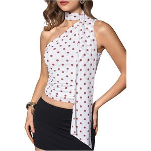 image:imageRoseSeek Womens Leopard Polka Dots Halter One Shoulder Tops Asymmetrical Slim Fit Cropped Y2K Going Out TopsWhite Burgundy