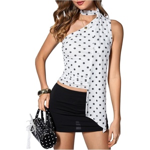 image:imageRoseSeek Womens Leopard Polka Dots Halter One Shoulder Tops Asymmetrical Slim Fit Cropped Y2K Going Out TopsWhite Dots