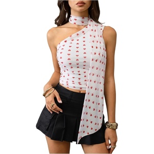 image:imageRoseSeek Womens Leopard Polka Dots Halter One Shoulder Tops Asymmetrical Slim Fit Cropped Y2K Going Out TopsWhite Heart
