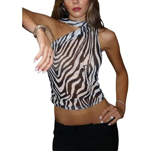 image:imageRoseSeek Womens Leopard Polka Dots Halter One Shoulder Tops Asymmetrical Slim Fit Cropped Y2K Going Out TopsZebra Print