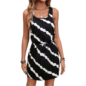 image:imageRoseSeek Womens Leopard Print Sleeveless Tank Dress Drawstring Waist Scoop Neck Dresses Summer Short DressBlack and White