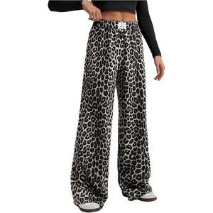 image:imageRoseSeek Womens Leopard Print Wide Leg Pants Patched Elastic Waist Casual Loose TrousersBlack