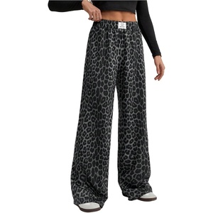 image:imageRoseSeek Womens Leopard Print Wide Leg Pants Patched Elastic Waist Casual Loose TrousersDark Grey