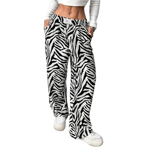 image:imageRoseSeek Womens Letter Leopard Print Straight Leg Pants Elastic Waist Y2K Trousers Bottoms with PocketsBlack and White