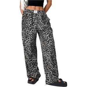 image:imageRoseSeek Womens Letter Leopard Print Straight Leg Pants Elastic Waist Y2K Trousers Bottoms with PocketsGrey