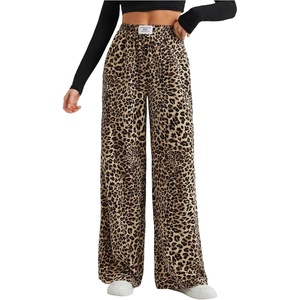 image:imageRoseSeek Womens Letter Leopard Print Straight Leg Pants Elastic Waist Y2K Trousers Bottoms with PocketsMix Brown