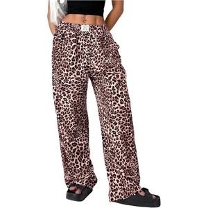 image:imageRoseSeek Womens Letter Leopard Print Straight Leg Pants Elastic Waist Y2K Trousers Bottoms with PocketsPink