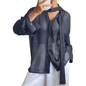 image:imageRoseSeek Womens Mesh Sheer Button Up Blouses Sexy See Through Tops Knot Front Flowy Long Sleeve ShirtsDusty Blue