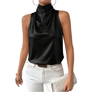 image:imageRoseSeek Womens Metallic Mock Neck Halter Tank Top Sleeveless Party Going Out Tops Summer Elegant OutfitsBlack