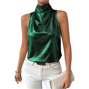 image:imageRoseSeek Womens Metallic Mock Neck Halter Tank Top Sleeveless Party Going Out Tops Summer Elegant OutfitsDark Green