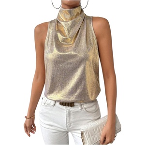 image:imageRoseSeek Womens Metallic Mock Neck Halter Tank Top Sleeveless Party Going Out Tops Summer Elegant OutfitsGold