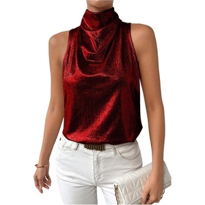 image:imageRoseSeek Womens Metallic Mock Neck Halter Tank Top Sleeveless Party Going Out Tops Summer Elegant OutfitsRed