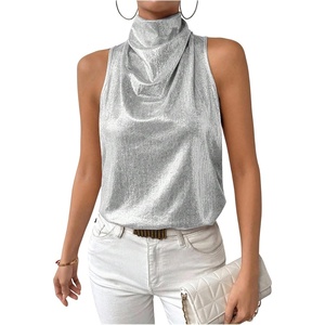 image:imageRoseSeek Womens Metallic Mock Neck Halter Tank Top Sleeveless Party Going Out Tops Summer Elegant OutfitsSilver