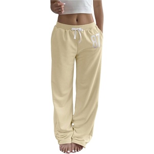 image:imageRoseSeek Womens Number Embroidery Sweatpants Wide Leg Pants Athletic Pants Casual Sports TrousersApricot