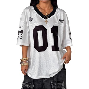 image:imageRoseSeek Womens Number Print Mesh Oversized Jersey Shirts Striped Trim Half Sleeve Baggy Camo Graphic TeesBlack and White