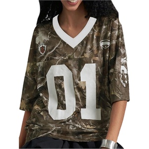 image:imageRoseSeek Womens Number Print Mesh Oversized Jersey Shirts Striped Trim Half Sleeve Baggy Camo Graphic TeesCamo Multicolor