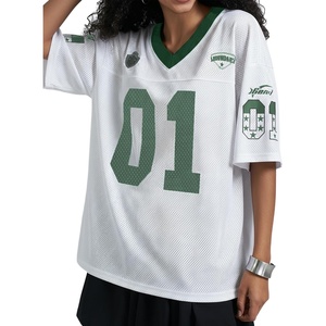 image:imageRoseSeek Womens Number Print Mesh Oversized Jersey Shirts Striped Trim Half Sleeve Baggy Camo Graphic TeesDark Green
