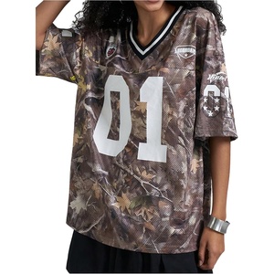 image:imageRoseSeek Womens Number Print Mesh Oversized Jersey Shirts Striped Trim Half Sleeve Baggy Camo Graphic TeesMulticolor
