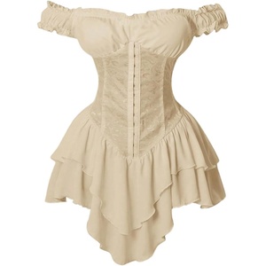 image:imageRoseSeek Womens Off Shoulder Corset Dress Ruffle Hem Lace Up Mini Dress Gothic Lolita OutfitsBeige