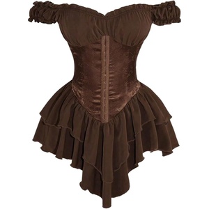 image:imageRoseSeek Womens Off Shoulder Corset Dress Ruffle Hem Lace Up Mini Dress Gothic Lolita OutfitsBrown