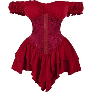 image:imageRoseSeek Womens Off Shoulder Corset Dress Ruffle Hem Lace Up Mini Dress Gothic Lolita OutfitsBurgundy